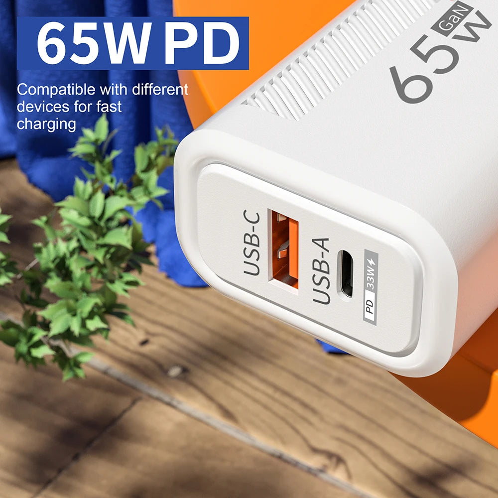 65W GaN Fast Charger with Dual USB-A and USB-C Ports, Featuring Power Delivery (PD) 33W for Efficient Charging of Multiple Devices Simultaneously