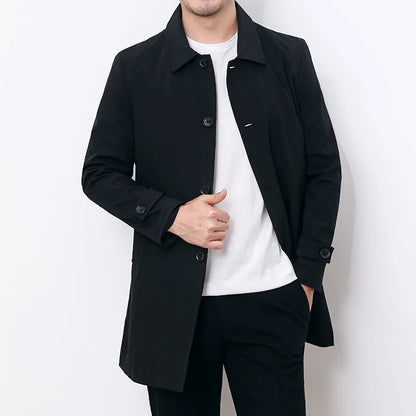 Men's Classic Single-Breasted Trench Coat with Turn-Down Collar and Adjustable Cuffs for a Timeless, Sophisticated Look