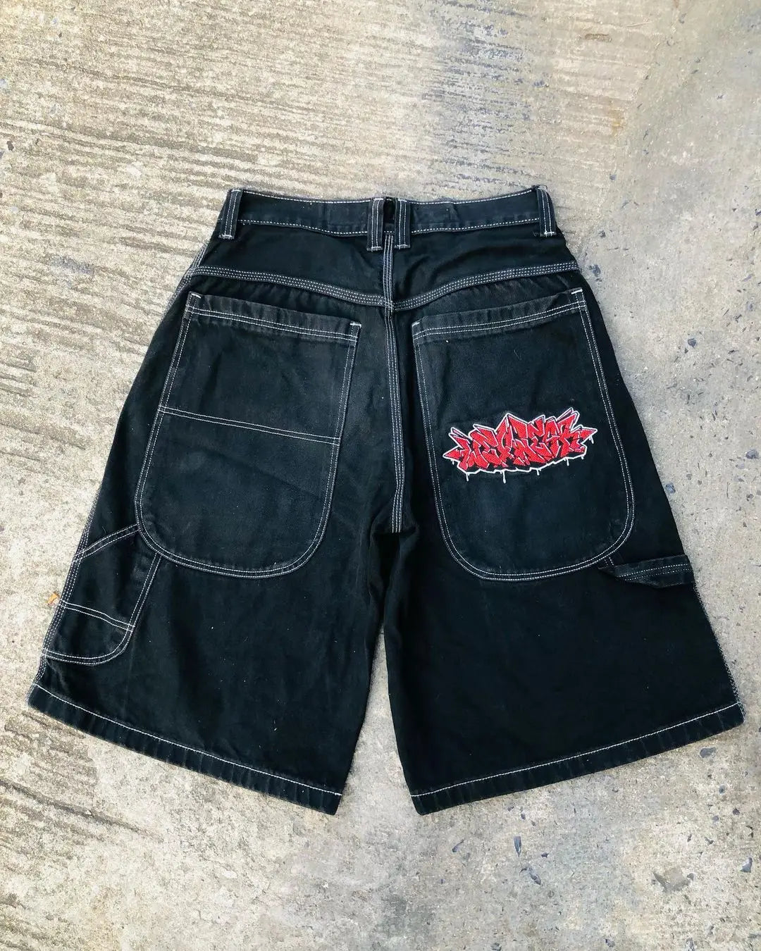 Men's Denim Shorts with Graffiti Patch and Contrast Stitching Detail