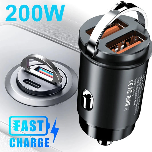 200W Dual USB Car Charger with Fast Charging Technology, Compact Design, and Universal Compatibility for Smartphones and Tablets