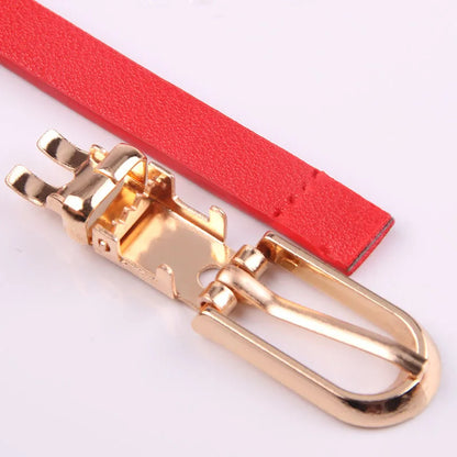 Slim Faux Leather Belt with Gold-Tone Buckle for Women’s Dresses, Skirts, and Casual Wear