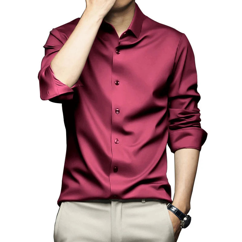 Men's Luxurious Satin Dress Shirt with Long Sleeves and Slim Fit Design for Formal and Casual Wear