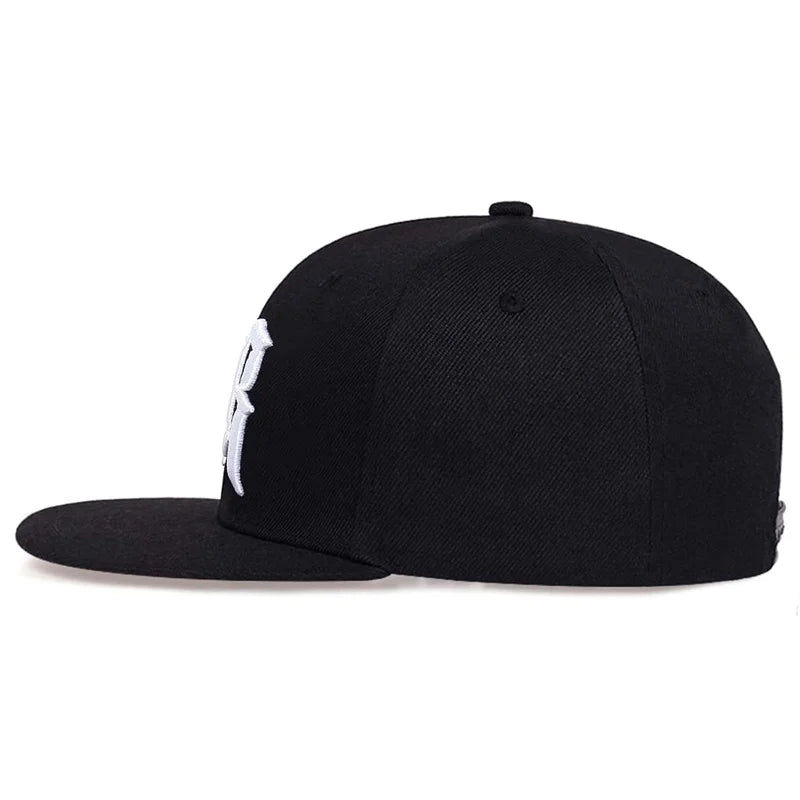 Flat-Brim Snapback Cap with Bold Embroidered Initials and Side Patch Detailing, Perfect for Urban Street Style and Casual Wear