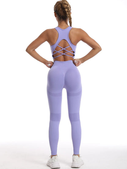 Women's Seamless Sports Bra and Leggings Set with Crisscross Back and High-Waisted Design for Yoga and Workout