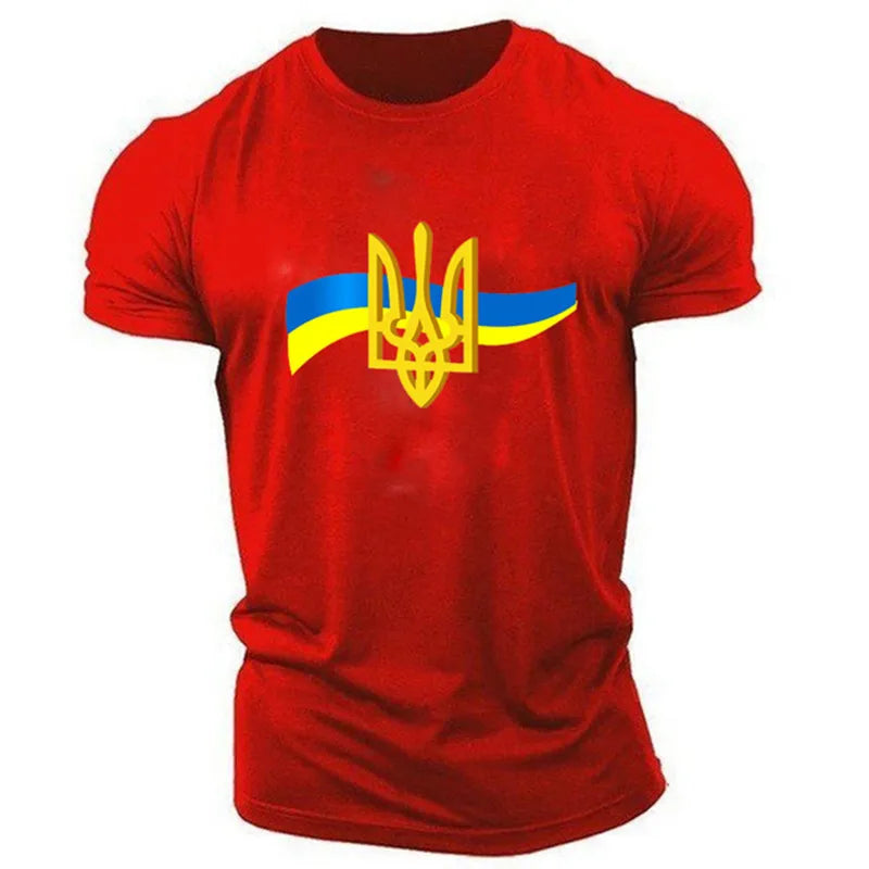 Men's Short Sleeve T-Shirt with Ukrainian Emblem and Flag Design, Featuring Military-Inspired Aesthetics and Patriotic Details