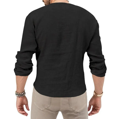 Men's Long-Sleeve V-Neck Casual Linen Shirt for a Relaxed and Stylish Look