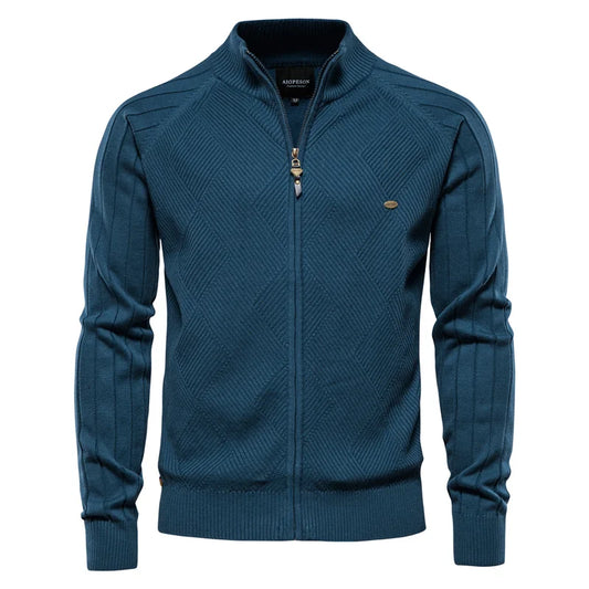 Men's Full-Zip Cardigan with Diamond Textured Knit Design and Ribbed Sleeves, Offering a Stylish and Warm Option for Casual and Business Casual Wear