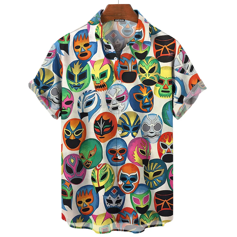 Short-Sleeve Hawaiian Shirt with Lucha Libre Wrestler Print and Button-Up Design