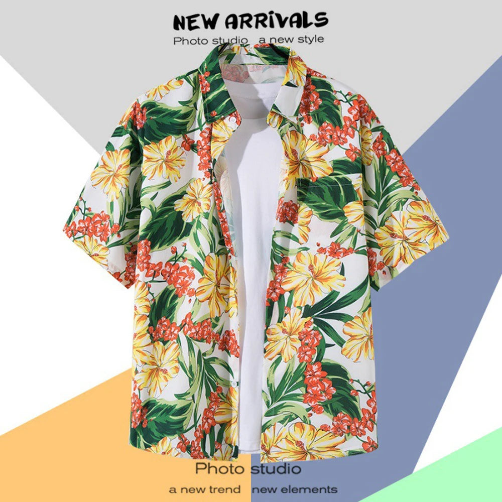 Men's Short-Sleeve Hawaiian Shirt Collection with Vibrant Floral and Tropical Prints, Ideal for Summer Casual Wear