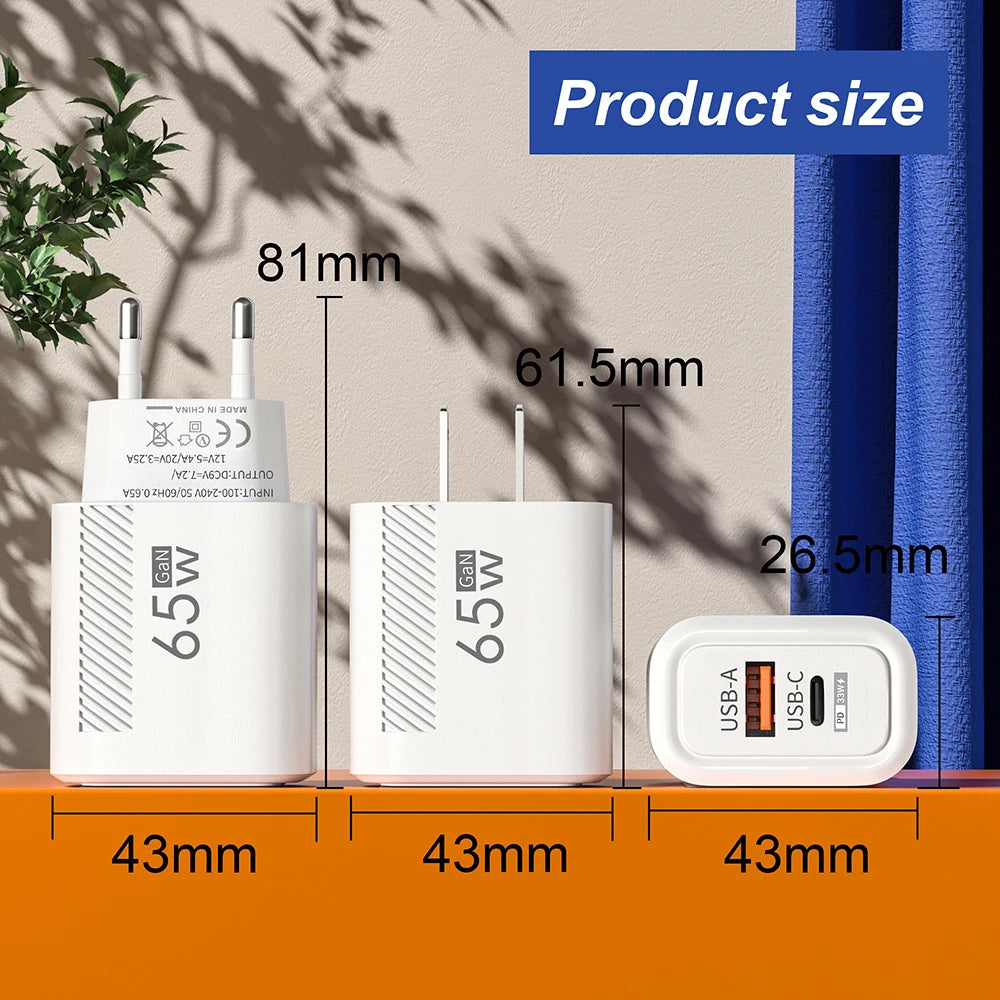 65W GaN Fast Charger with Dual USB-A and USB-C Ports, Featuring Power Delivery (PD) 33W for Efficient Charging of Multiple Devices Simultaneously