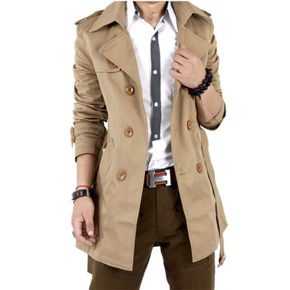 Men's Slim-Fit Double-Breasted Trench Coat with Epaulets and Adjustable Cuffs for a Sophisticated, Modern Look