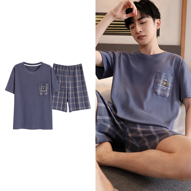 Men's Summer Plaid Pajama Set with Short Sleeve Top and Elastic Waist Shorts Featuring Chest Pocket and Comfortable Fit