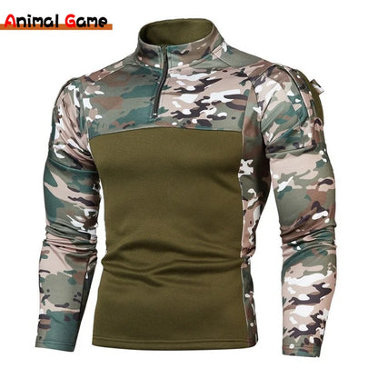 Men's Tactical Long-Sleeve Camouflage Combat Shirt with Quarter-Zip Closure