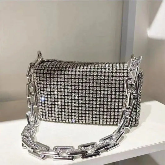 Rhinestone-Studded Evening Clutch Bag with Chunky Chain Strap for Women