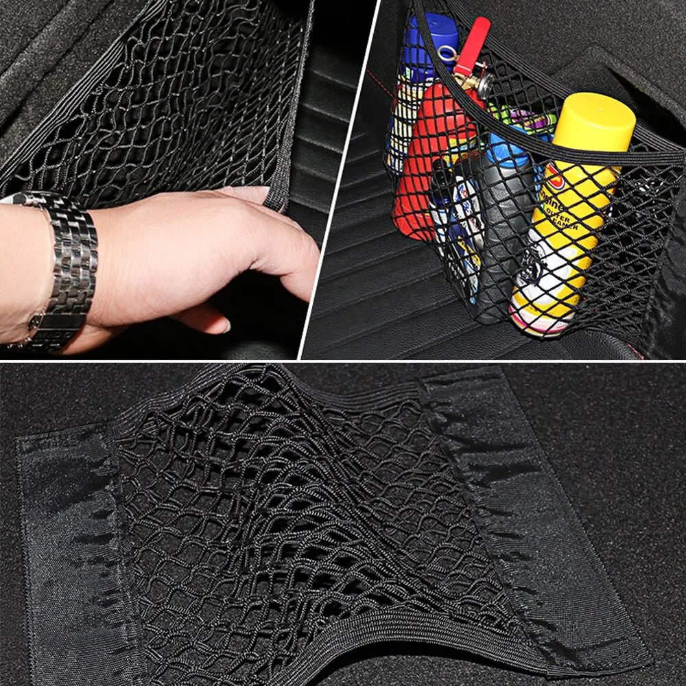 Universal Car Trunk Storage Net with Elastic Mesh and Adhesive Strips for Secure Organization and Easy Access to Essentials