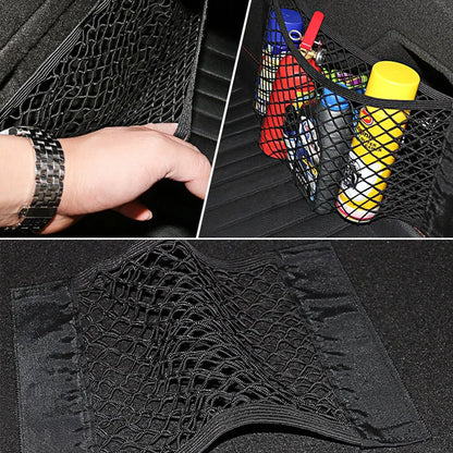 Universal Car Trunk Storage Net with Elastic Mesh and Adhesive Strips for Secure Organization and Easy Access to Essentials