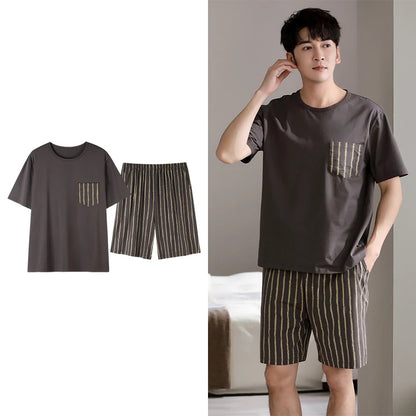 Men's Summer Plaid Pajama Set with Short Sleeve Top and Elastic Waist Shorts Featuring Chest Pocket and Comfortable Fit