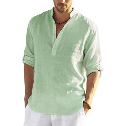 Men's Casual Long Sleeve Linen Henley Shirt with Roll-Up Sleeves