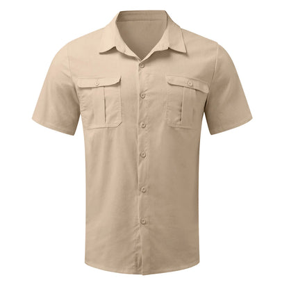 Men's Casual Linen Short Sleeve Shirt with Button-Down Front and Dual Chest Pockets