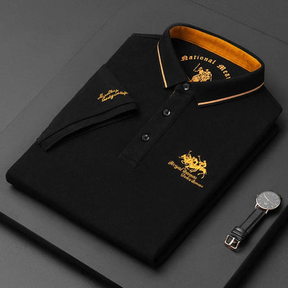 Men's Polo Shirt with Embroidered Equestrian Logo, Contrast Inner Collar, and Button Placket Design