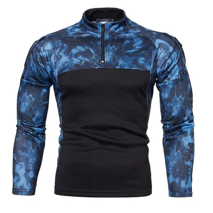 Men's Tactical Long-Sleeve Camouflage Combat Shirt with Quarter-Zip Closure