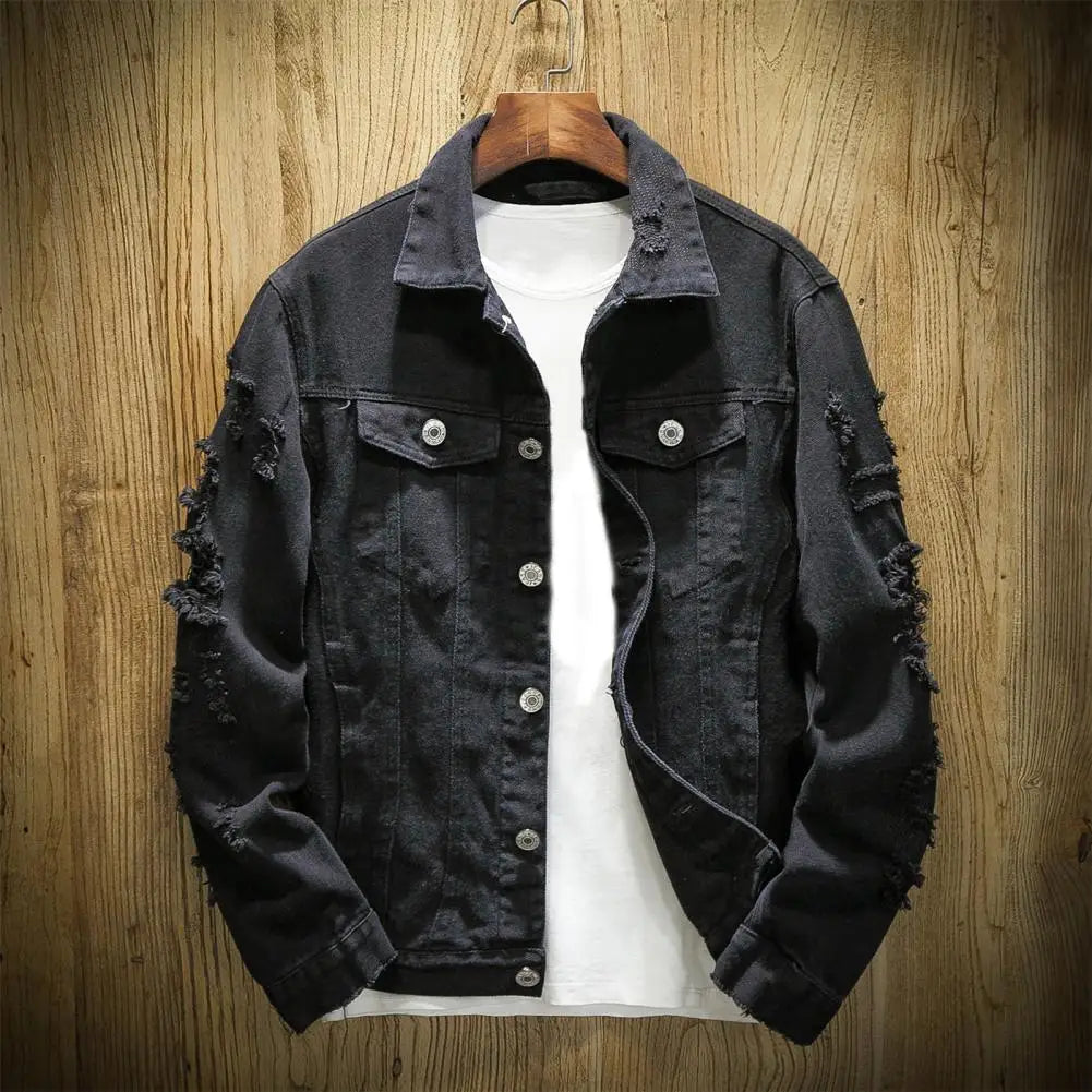 Men's Distressed Denim Jacket with Button Closure and Ripped Detailing, Perfect for Casual and Stylish Outfits