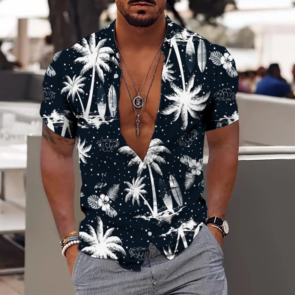 "Men's Tropical Print Short Sleeve Casual Button-Up Shirt with Relaxed Fit"