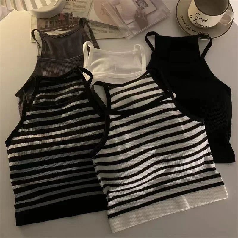 Women's Ribbed Tank Tops with Strappy Back Design and Mixed Solid and Striped Patterns, Perfect for Layering or Casual Wear