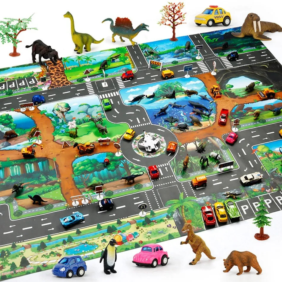 Interactive Dino Park Play Mat for Kids with Roads, Dinosaurs, and Vehicles - 100x130 cm