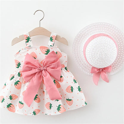 Strawberry Print Sleeveless Dress with Large Bow and Matching Sun Hat for Baby Girls - Perfect Summer Outfit for Little Ones