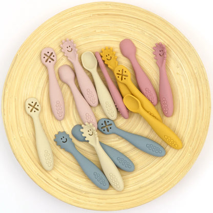 Soft Silicone Baby Spoons for Self-Feeding Training with Textured Handles and Fun Designs