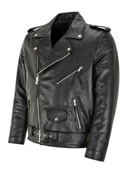 Men's Genuine Leather Biker Jacket with Asymmetrical Zipper, Epaulettes, and Adjustable Belted Waist