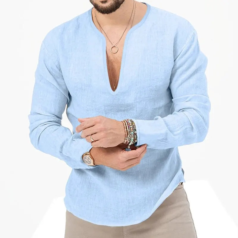 Men's Long-Sleeve V-Neck Casual Linen Shirt for a Relaxed and Stylish Look