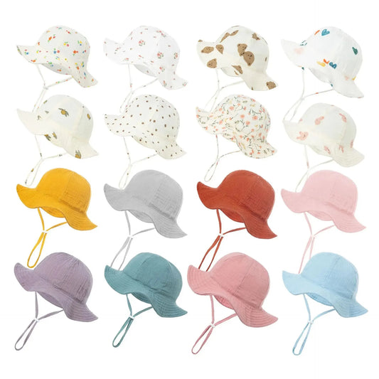 Baby Sun Hat with Wide Brim and Adjustable Chin Strap, Available in Solid and Playful Printed Designs