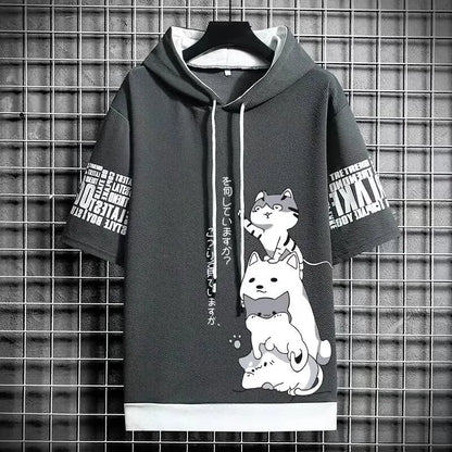 Men's Short-Sleeve Hoodie with Adorable Cartoon Cat Print, Adjustable Drawstring, and Stylish Text Details on Sleeves for Casual Wear