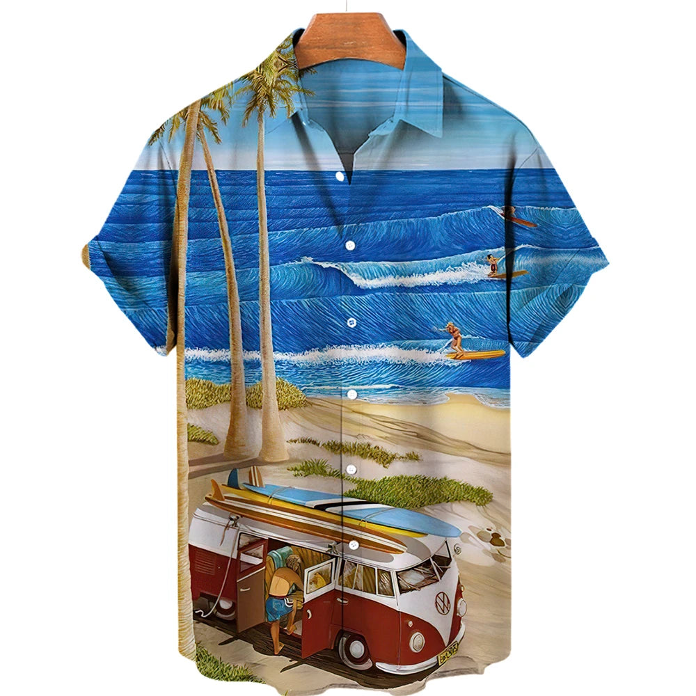 Vintage Surf and Palm Tree Print Short-Sleeve Hawaiian Shirt with Button-Up Closure and Turn-Down Collar