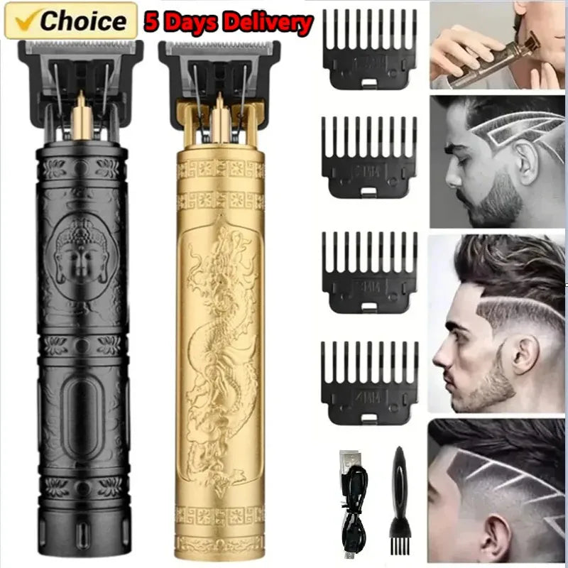 Professional Hair Trimmer Set with Engraved Metal Body, Multiple Guide Combs, USB Charging, and Precision Blades for Stylish Haircuts and Detailed Grooming