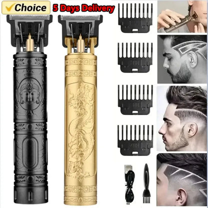 Professional Hair Trimmer Set with Engraved Metal Body, Multiple Guide Combs, USB Charging, and Precision Blades for Stylish Haircuts and Detailed Grooming