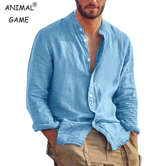 Men's Long-Sleeve Linen Shirt with Stand Collar and Relaxed Fit for Casual Wear