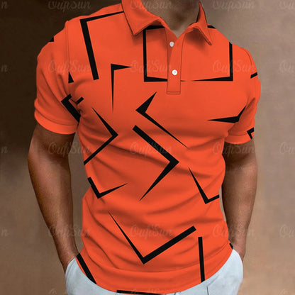 Men's Geometric Print Polo Shirt with Button Placket and Modern Design for Casual Wear