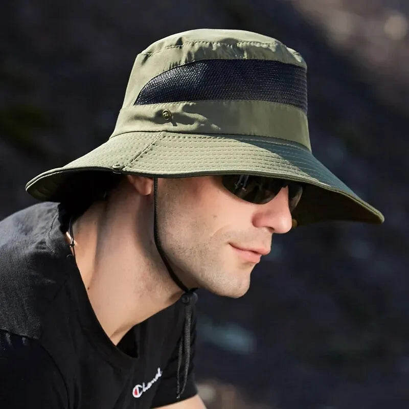 Wide-Brim Sun Protection Boonie Hat with Adjustable Chin Strap and Breathable Mesh Panels for Outdoor Activities