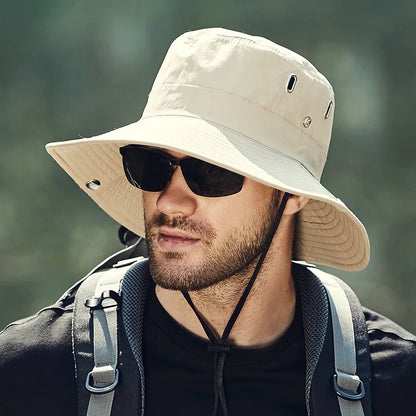 Wide-Brim Waterproof Outdoor Sun Hat with Adjustable Chin Strap and UPF Protection for Hiking and Adventure