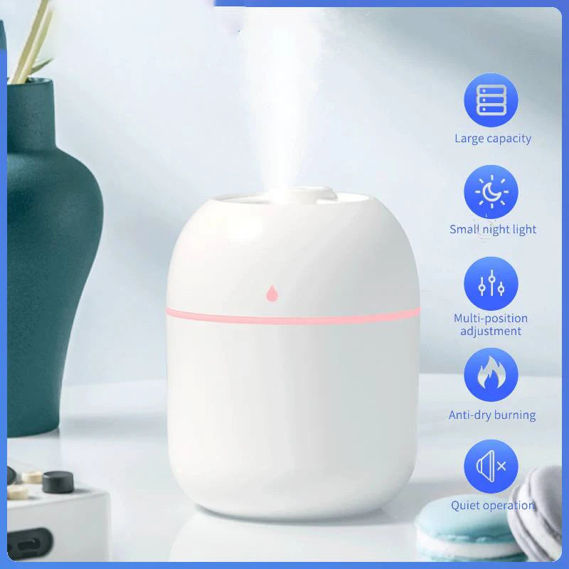 Compact Ultrasonic Humidifier with Large Water Tank, Built-in Night Light, Adjustable Mist Levels, Anti-Dry Burn Protection, and Quiet Operation for Home or Office