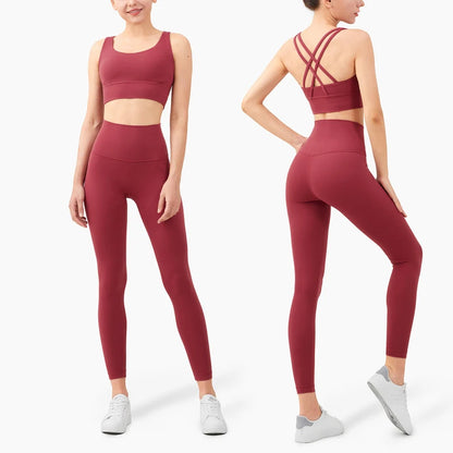 Women's High-Waisted Yoga Set with Strappy Back Sports Bra and Full-Length Leggings for Workout and Fitness