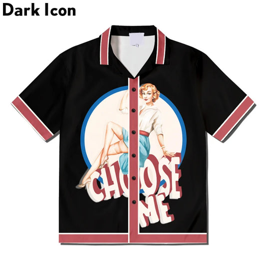 Retro Style Short-Sleeve Button-Up Shirt with Classic Pin-Up Girl Graphic and Contrasting Trim