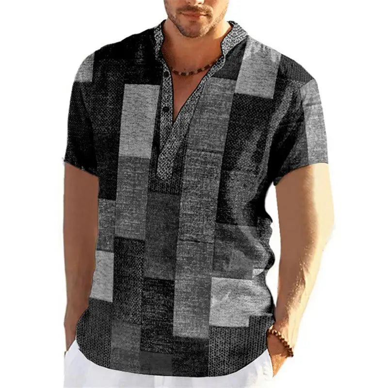 Men's short sleeve V-neck shirt with bold geometric patchwork design for a stylish and unique casual look