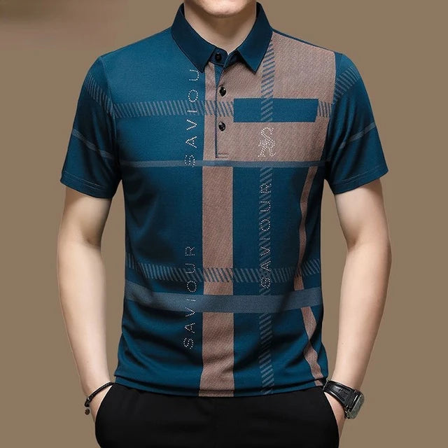 Men's Modern Graphic Pattern Polo Shirt with Button Collar and Short Sleeves