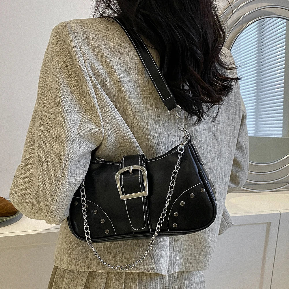 Edgy Messenger Bag with Oversized Buckle and Chain Strap Detail