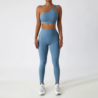 One-Shoulder Yoga Set for Women with High-Waist Leggings and Cutout Sports Bra