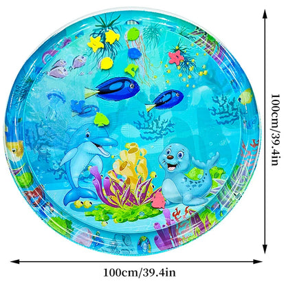 Round Inflatable Tummy Time Water Play Mat with Underwater Theme and Floating Toys for Baby's Sensory Development and Fun Playtime